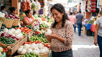 Una mujer sostiene una cebolla blanca frente a cestas de mimbre llenas de tomates, cebollas y limones en un mercado.