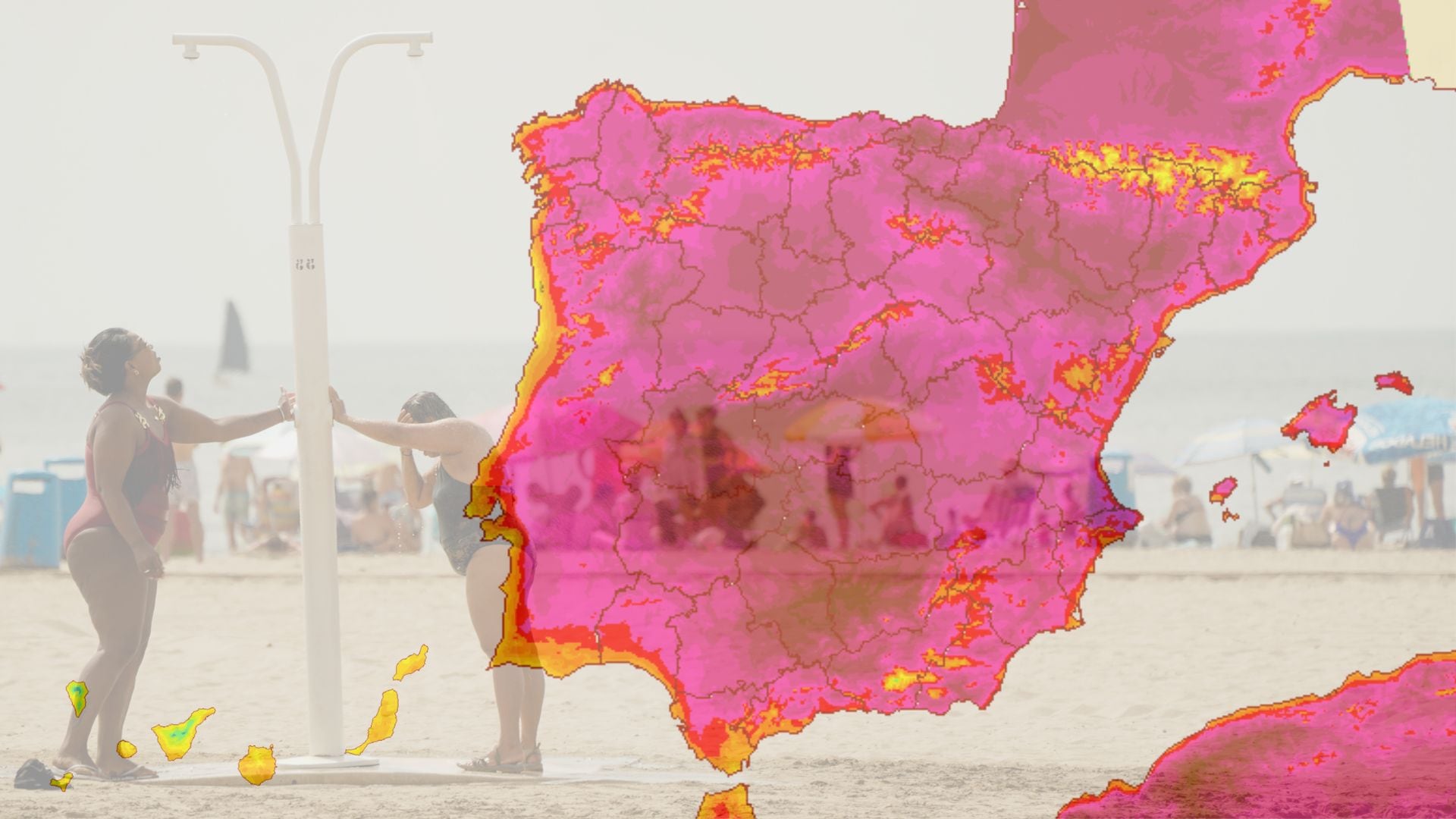 Mapa de temperaturas máximas junto a una imagen de la playa de la Malvarrosa de Valencia. (Europa Press/Aemet)