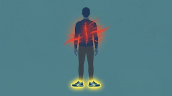 Ilustración de una persona genérica de espaldas con una columna vertebral roja y aura roja en la espalda, y zapatillas deportivas con aura amarilla brillante.