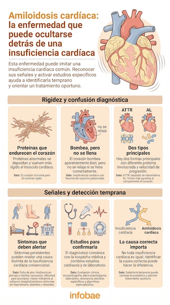 Infografía con ilustraciones de un corazón, proteínas, estetoscopio, electrocardiograma y texto explicativo sobre amiloidosis cardíaca.