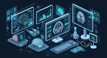 Una representación isométrica de tecnología médica avanzada con múltiples pantallas mostrando cerebros digitalizados y gráficos, herramientas de diagnóstico, un teclado y un cerebro 3D.