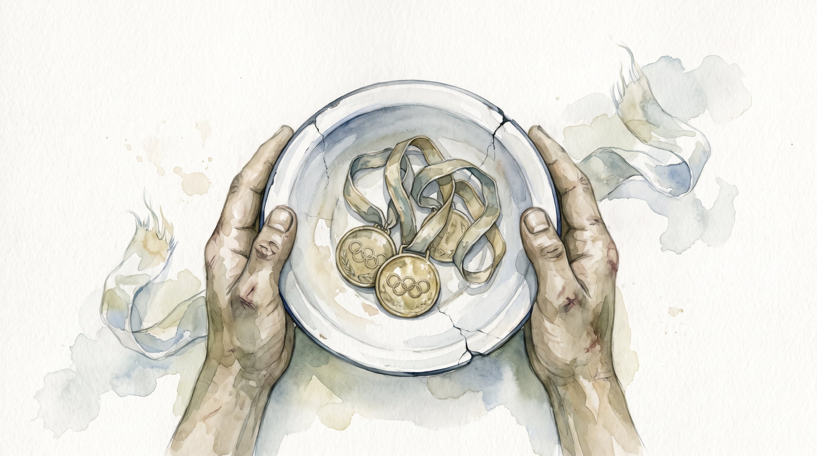 Dos manos con cicatrices sostienen un plato agrietado con tres medallas olímpicas de oro en una ilustración conceptual en acuarela. (Imagen Ilustrativa Infobae)