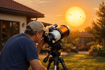 Un hombre de mediana edad con gorra beige y camiseta azul observa el Sol a través de un telescopio naranja y blanco. El Sol anaranjado se ve en el cielo al atardecer.