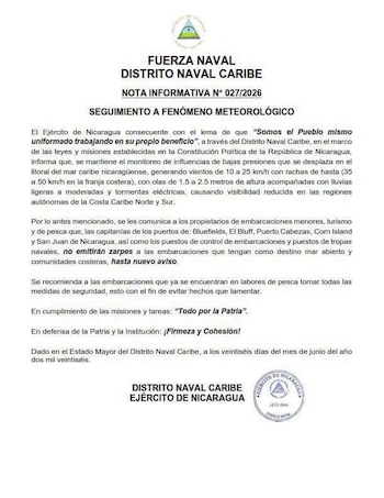 Comunicado de la Fuerza Naval del Caribe, donde se anuncia la suspensión de salidas marítimas debido a condiciones meteorológicas adversas en la costa de Nicaragua (Cortesía Fuerza Naval).