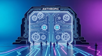Ilustración digital de una puerta de circuito translúcida con engranajes, chips y el nombre 'Anthropic'. Caminos de neón y figuras humanas. Fondo azul y violeta.