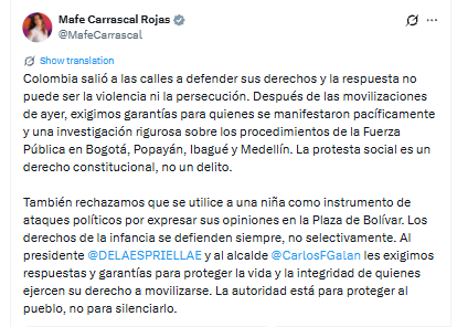 Mensaje de Mafe Carrascal tras protestas del 14 de octubre de 2026 - crédito @MafeCarrascal/X
