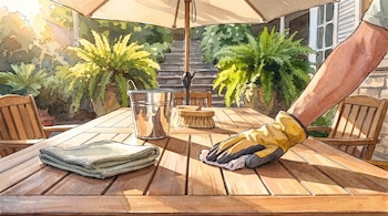 Ilustración de una mano con guante limpiando una mesa de madera con un paño, junto a un cubo metálico, cepillos, sillas y plantas.