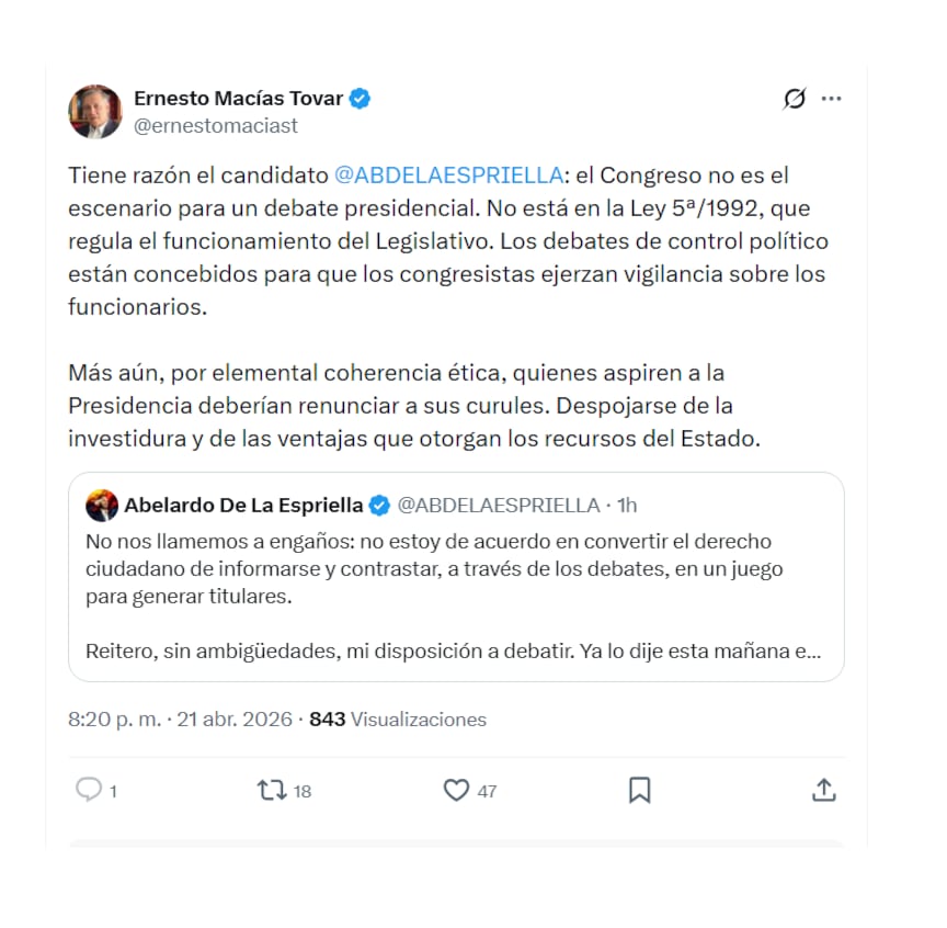 El expresidente del Congreso Ernesto Macías opinó sobre la propuesta de la senadora Paloma Valencia de hacer un debate de control político en el Congreso en el que participen los aspirantes presidenciales - crédito @ernestomaciast/X