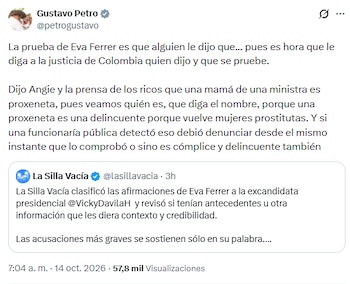 El expresidente de la República insistió en que los señalamientos en su contra y la ex primera dama Verónica Alcocer deben ser sustentados con pruebas - crédito @petrogustavo/X