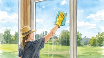 Ilustración en acuarela de una persona con sombrero de paja y guantes amarillos que pasa un paño sobre el cristal de una ventana.