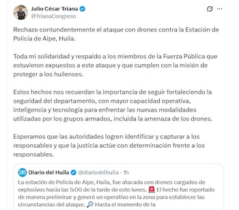 El ataque generó rechazo entre dirigentes, entre ellos, el representante Julio César Triana, que pidió fortalecer la respuesta institucional frente al uso de drones por parte de grupos armados ilegales - crédito @TrianaCongreso/X