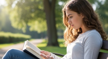 Primer plano de una adolescente con cabello castaño ondulado leyendo un libro en un banco de madera al aire libre, con árboles verdes y luz solar difusa.