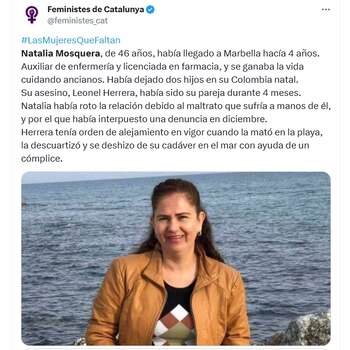Varios colectivos feministas en España, repudiaron el crimen de la ciudadana colombiana a manos de su expareja sentimental - crédito @feministes_cat/X