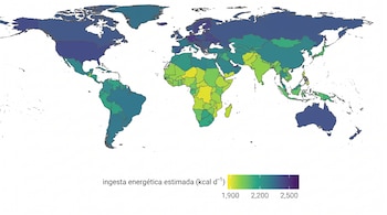 Mapa mundial con países coloreados según la ingesta energética estimada. Leyenda de color indica valores de 1,900 a 2,500 kilocalorías diarias.