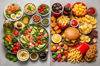 Fotografía cenital de una mesa dividida. A la izquierda, platos de comida saludable: salmón, ensaladas, verduras, nueces. A la derecha, comida rápida: hamburguesa, papas fritas, dulces y refrescos.