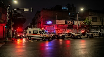 Dos ambulancias y tres patrullas de policía con luces encendidas en una calle de noche. Al fondo se ven edificios, grafitis y locales cerrados.