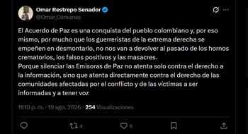Omar Restrepo sostuvo que silenciar las emisoras de paz afecta el derecho a la información de las comunidades y de las víctimas del conflicto armado - crédito X