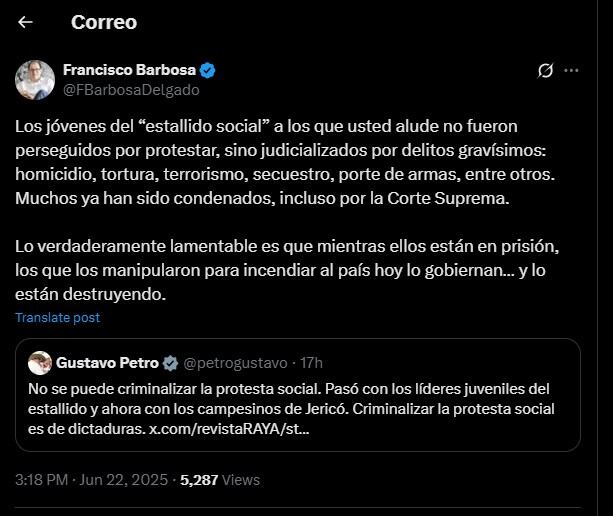 Francisco Barbosa le contestó al presidente Gustavo Petro - crédito @FBarbosaDelgado