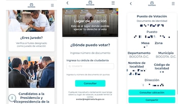 Tres pantallas de móvil muestran el sitio web de la Registraduría de Colombia. Se ven secciones para consultar jurado, lugar de votación e información del puesto