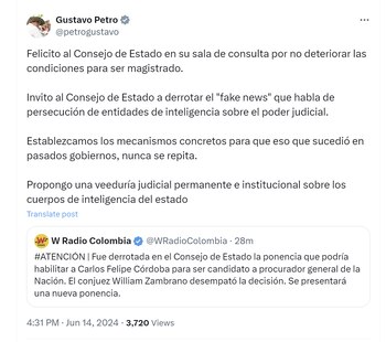 El presidente Gustavo Petro felicitó