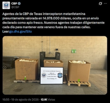 La droga asegurada en Texas fue valuada por autoridades estadounidenses en casi 15 millones de dólares. (@CBP)