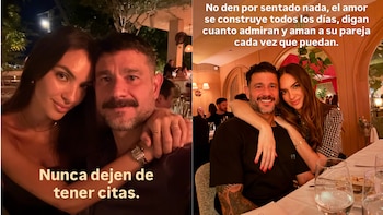 Pareja, un hombre y una mujer, abrazados en un restaurante. La imagen contiene textos con consejos de relación. Se ven mesas, copas y personas en el fondo