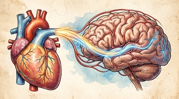 Corazón humano estilizado conectado a un cerebro humano por vasos y una corriente luminosa en un fondo de papel antiguo con manchas de acuarela azul.