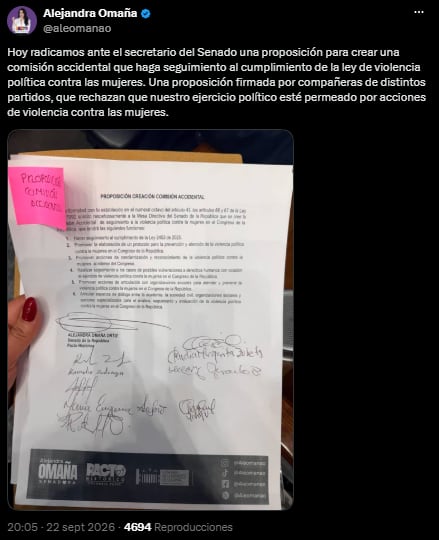 Alejandra Omaña propone una comisión para vigilar la violencia política contra las mujeres - crédito @aleomanao/X