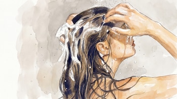 Una ilustración de acuarela y líneas finas muestra a una mujer de perfil lavándose el cabello oscuro y largo con espuma y gotas de agua cayendo.