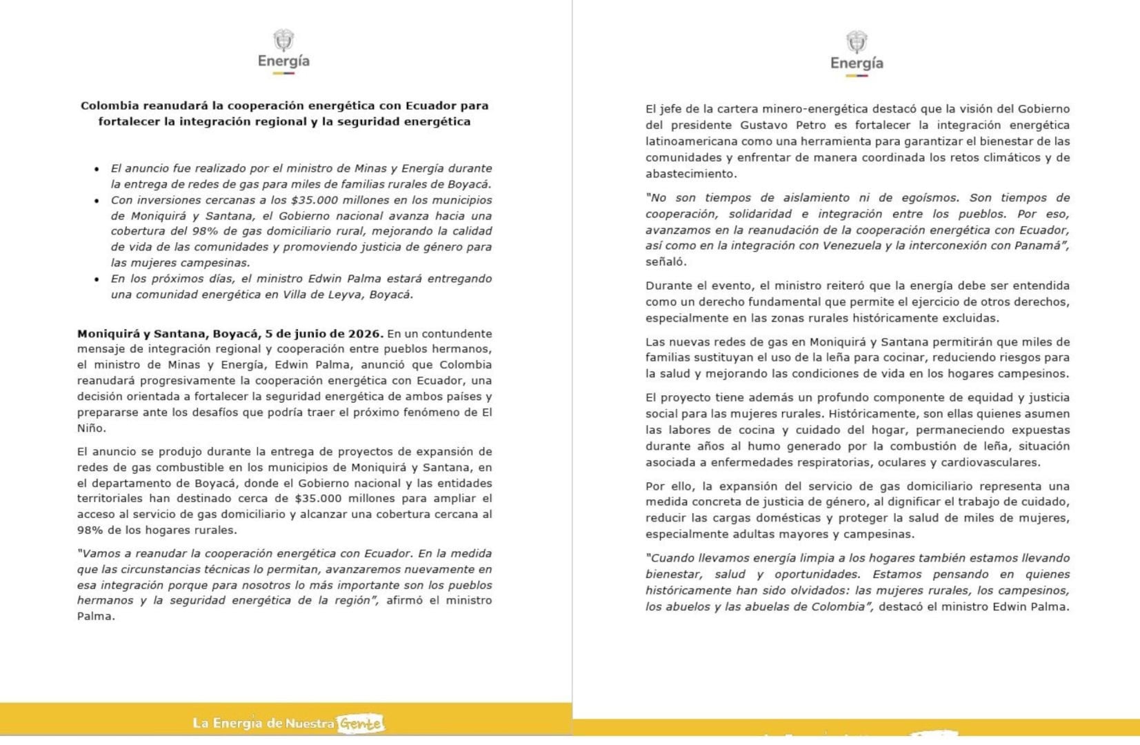El Gobierno y las entidades territoriales han destinado cerca de 35.000 millones de pesos para ampliar el acceso al gas domiciliario en zonas rurales de Boyacá - crédito Ministerio de Minas y Energía