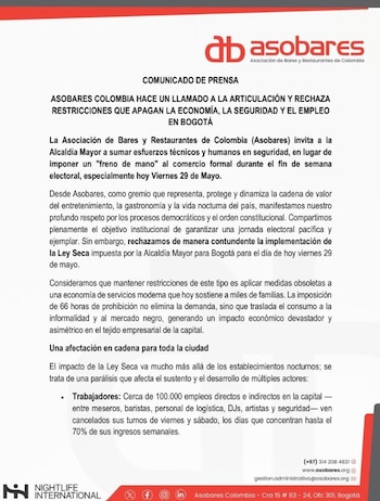 Comunicado de Asobares en el que el gremio advierte que la ley seca de 66 horas afectará cerca de 100.000 empleos y golpeará al comercio formal durante el fin de semana electoral - crédito Asobares