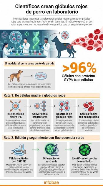 Infografía educativa con un perro labrador, ilustraciones de células madre, células progenitoras, glóbulos rojos y un proceso de edición genética con CRISPR. Fondo blanco.
