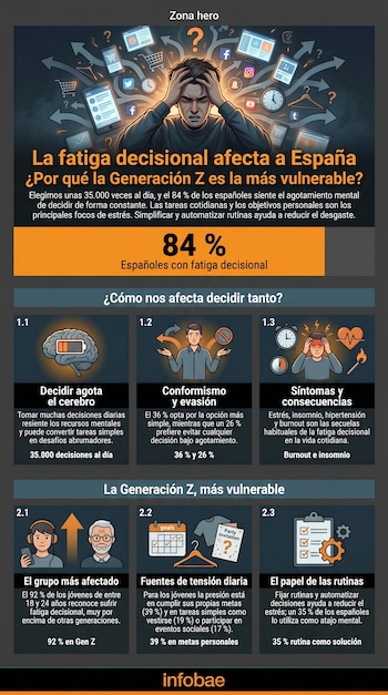 Infografía. Ilustración de persona estresada con símbolos de elecciones diarias. Muestra estadísticas y gráficos sobre fatiga decisional, impacto cerebral y rutinas.