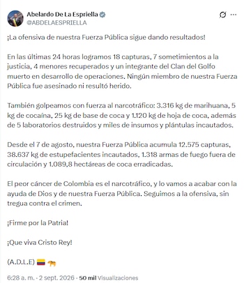 El jefe de Estado señaló que, además, cuatro menores fueron recuperados y que un integrante del Clan del Golfo fue dado de baja durante los operativos - crédito @ABDELAESPRIELLA/X