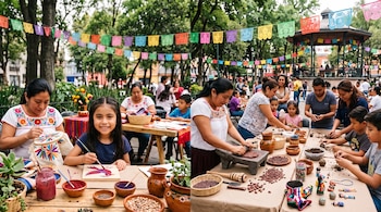Personas reunidas en mesas al aire libre pintan tablas, realizan bordados y usan un metate debajo de tiras de papel picado.