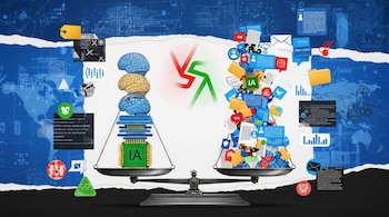 Imagen abstracta de una balanza con cerebros y un chip "IA" en un lado, y una pila de iconos digitales y documentos en el otro.