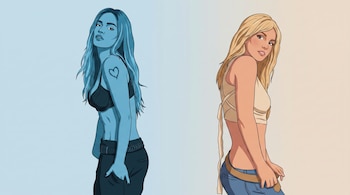 Dos figuras femeninas ilustradas: una azul con un tatuaje de corazón, y otra rubia con tonos naturales. Ambas miran por encima del hombro.