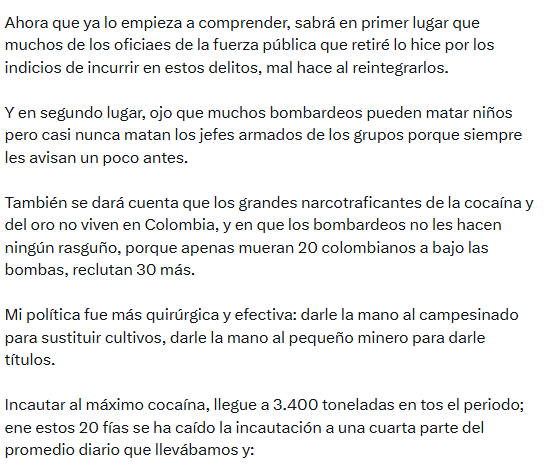 El expresidente sostuvo que los bombardeos que ordenó pueden afectar a menores de edad - crédito @petrogustavo/X