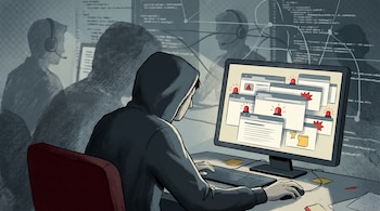 Ilustración de un usuario con sudadera oscura de espaldas frente a una PC, haciendo clic. En la pantalla, varias ventanas con iconos de alarma roja. Al fondo, siluetas de agentes y datos.