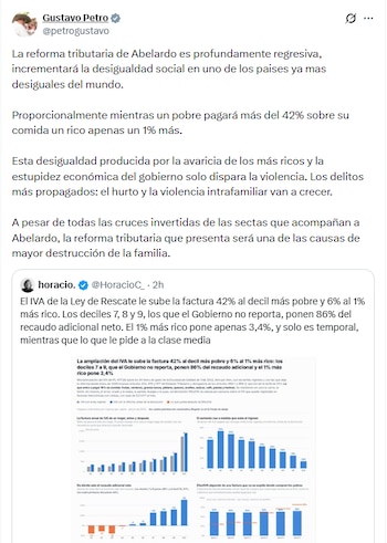 El expresidente de la República señaló que la reforma tributaria que presentó la actual administración será una de las causas de mayor destrucción de la familia - crédito @petrogustavo/X