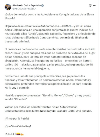 El presidente De la Espriella compartió los detalles del operativo la mañana del martes 22 de septiembre de 2026 vía X - crédito @ABDELAESPRIELLA/X