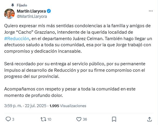 Martín Llaryora también manifestó su pesar tras el accidente de Grazziano