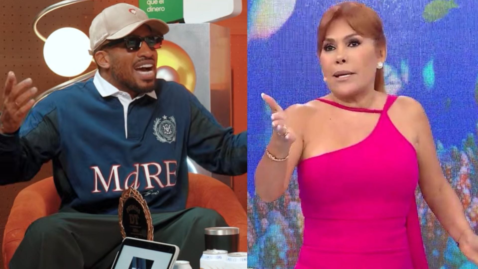 El futbolista Jefferson Farfán gesticula mientras la presentadora Magaly Medina responde con un señalamiento, en una interacción relacionada con trabajo comunitario.