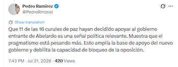 Ciudadanos afirmaron que es significativo que la mayoría de curules de la paz apuesten por el nuevo gobierno - crédito @PedroRmzcol/X