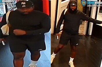 Dos capturas de cámara de seguridad muestran a un hombre con gorra negra, ropa oscura y zapatillas blancas en el interior de un local