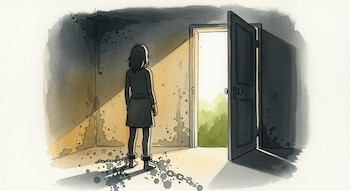 Ilustración en acuarela: mujer de espaldas con cadenas en los tobillos frente a puerta abierta. Afuera se ve luz y paisaje verde; el cuarto es oscuro y húmedo.