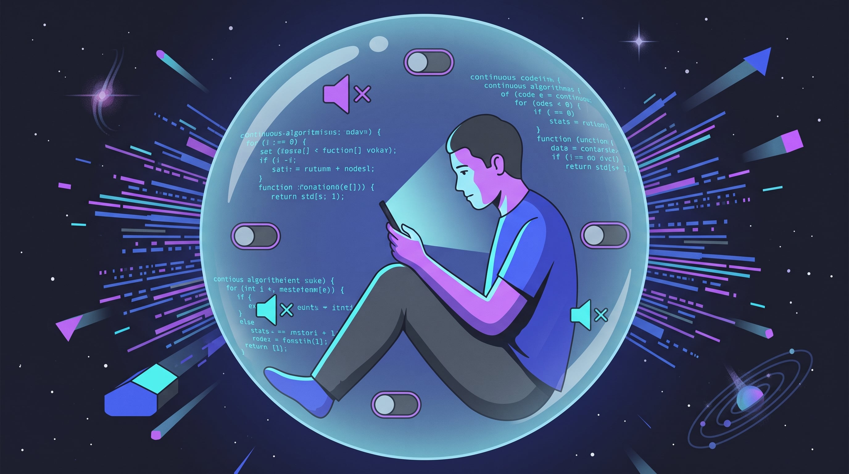 Una persona sentada dentro de una esfera transparente observa un teléfono inteligente rodeada de código e íconos de silencio, aislada del entorno digital exterior. (Imagen Ilustrativa Infobae)
