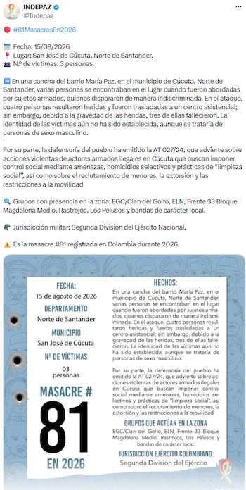 Grupos ilegales imponen el miedo en Cúcuta con otro ataque mortal, según Indepaz - crédito @Indepaz/X