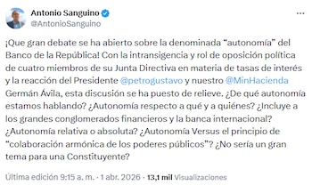 El rol de la Junta del Banco de la República vuelve al centro del debate tras críticas de Antonio Sanguino - crédito @AntonioSanguino/X