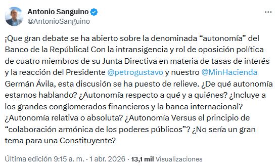 El rol de la Junta del Banco de la República vuelve al centro del debate tras críticas de Antonio Sanguino - crédito @AntonioSanguino/X